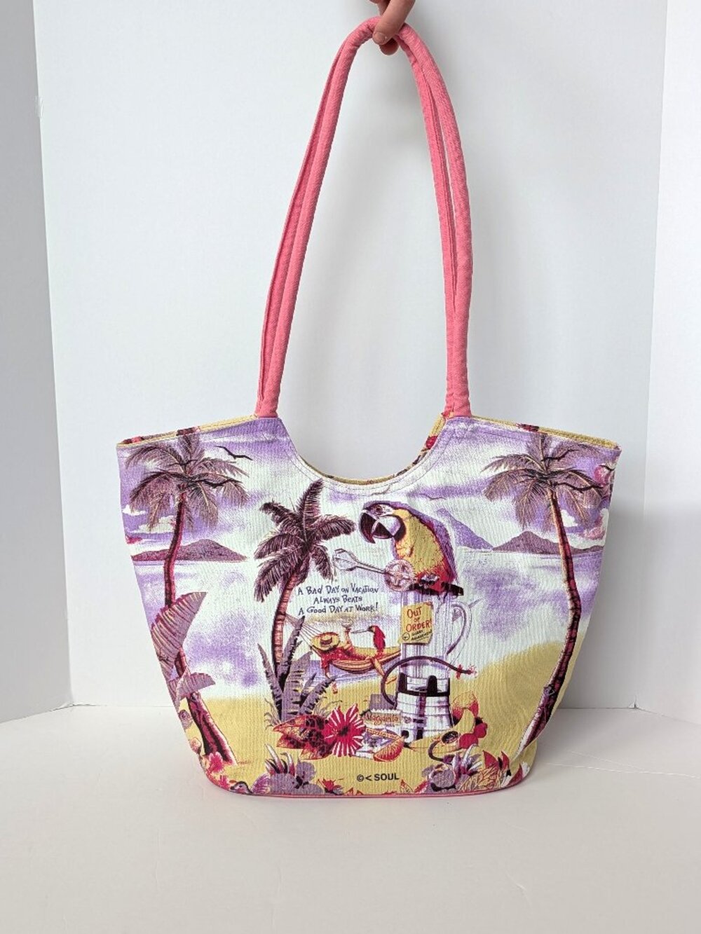 Caribbean Soul Canvas Beach Tote Bag Vacation Resort Pink Tropical